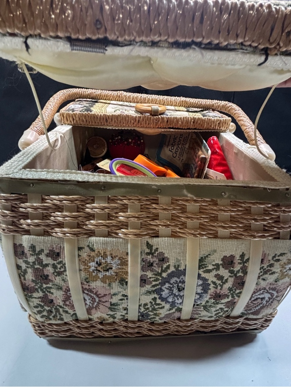 Vtg Sewing box Azar Tapestry fabric cushion covered 2 Handle W/contents Read - Picture 2 of 16